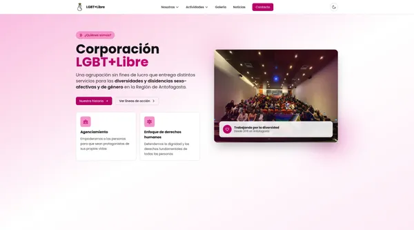 Página de inicio de LGBT+Libre con hero y líneas de acción